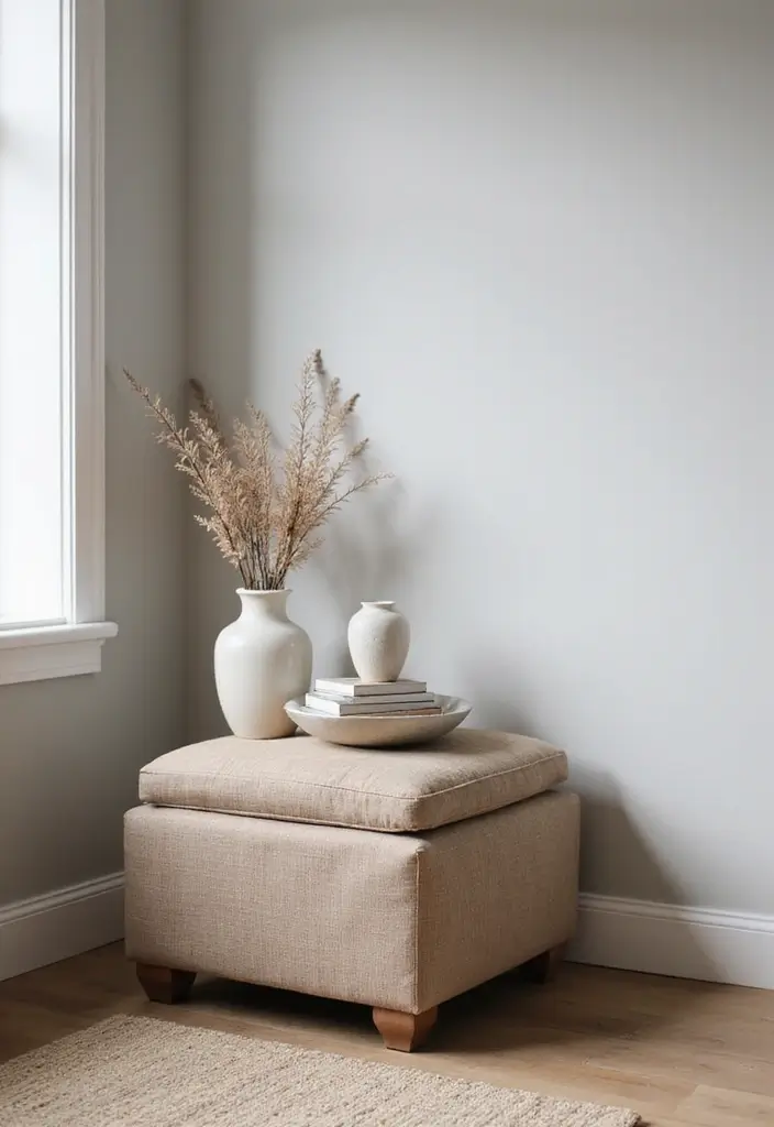 25+ Bedroom Corner Ideas That Use Space Beautifully 11 25+ Bedroom Corner Ideas That Use Space Beautifully - 11. Corner Storage Ottoman
