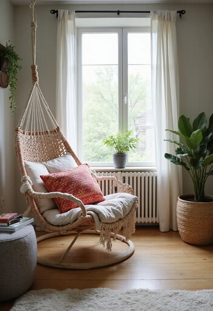 25+ Bedroom Corner Ideas That Use Space Beautifully 13 25+ Bedroom Corner Ideas That Use Space Beautifully - 13. Cozy Corner with a Hammock Chair