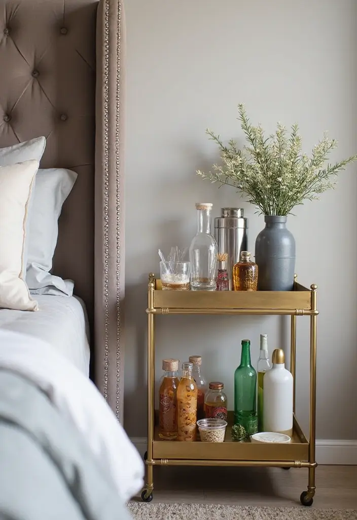 25+ Bedroom Corner Ideas That Use Space Beautifully 19 25+ Bedroom Corner Ideas That Use Space Beautifully - 19. Corner Bar Cart