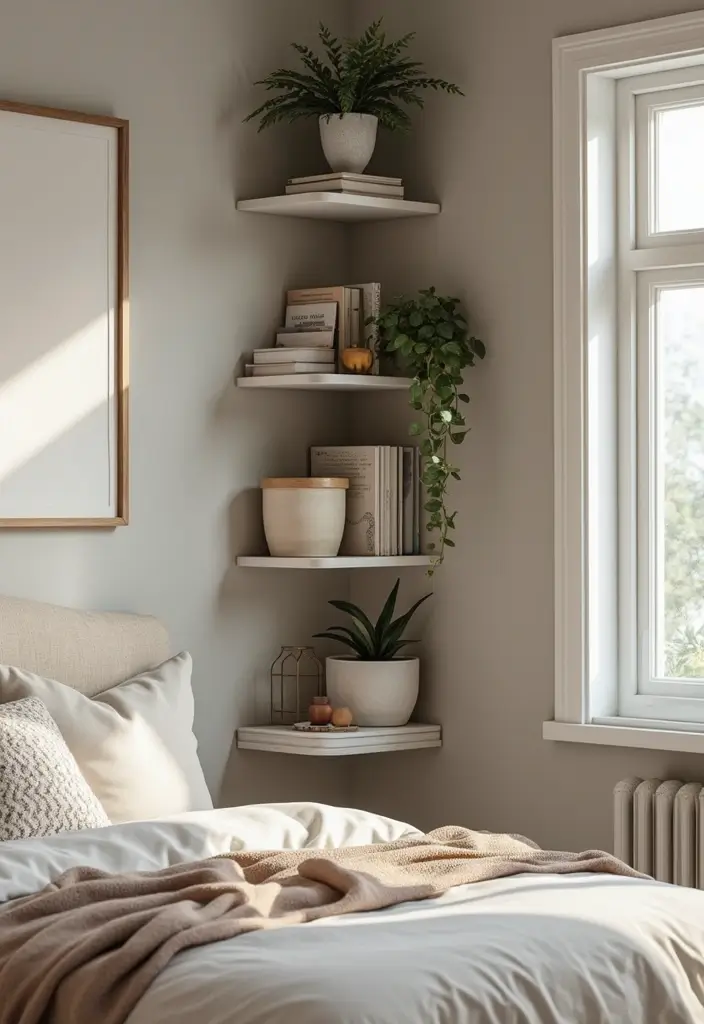 25+ Bedroom Corner Ideas That Use Space Beautifully 4 25+ Bedroom Corner Ideas That Use Space Beautifully - 4. Stylish Corner Shelves