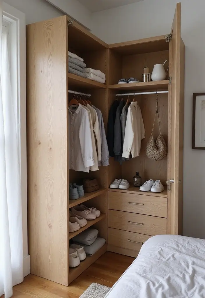 25+ Bedroom Corner Ideas That Use Space Beautifully 9 25+ Bedroom Corner Ideas That Use Space Beautifully - 9. Corner Wardrobe Solutions