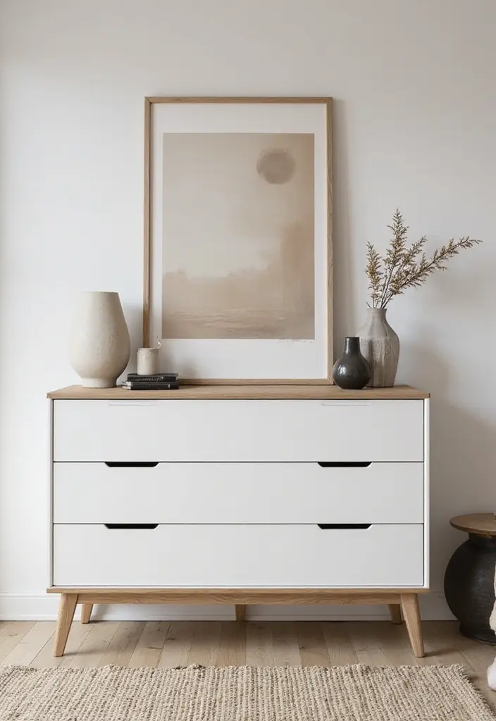25+ Bedroom Dresser Decor Ideas That Instantly Upgrade Your Space 4 25+ Bedroom Dresser Decor Ideas That Instantly Upgrade Your Space - 4. Minimalist Artwork Display