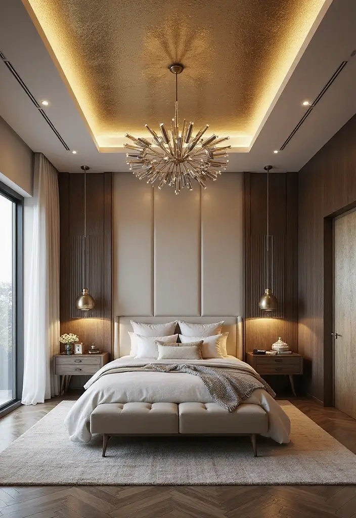 25+ Bedroom False Ceiling Design Ideas That Add Drama 12 25+ Bedroom False Ceiling Design Ideas That Add Drama - 12. Modern Metallics