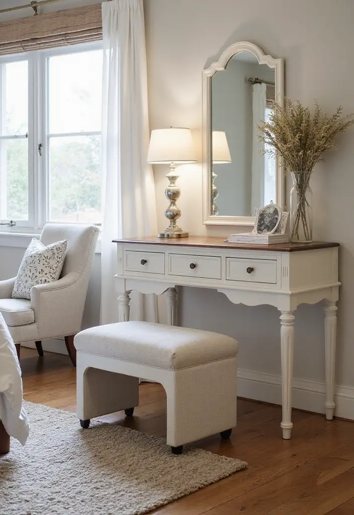 25+ Bedroom Vanity Ideas That Feel Modern and Chic 22 25+ Bedroom Vanity Ideas That Feel Modern and Chic - 22. Functional Ottoman Seating