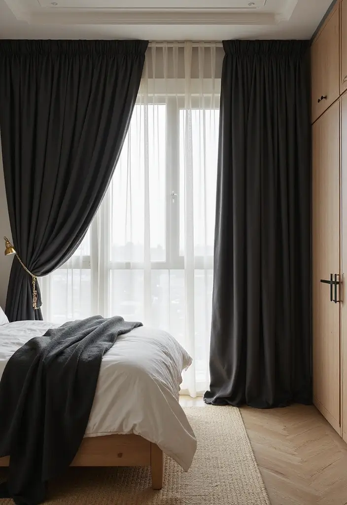 25+ Black and Beige Bedroom Ideas for Elegant Contrast - 10. Layered Curtains