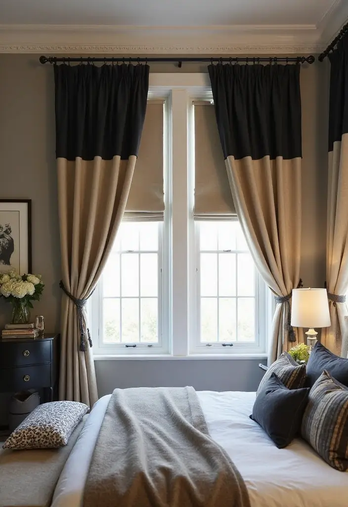 25+ Black and Beige Bedroom Ideas for Elegant Contrast - 23. Window Treatments
