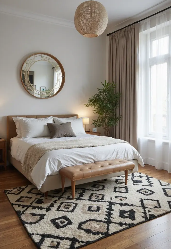 25+ Black and Beige Bedroom Ideas for Elegant Contrast - 9. Statement Rugs