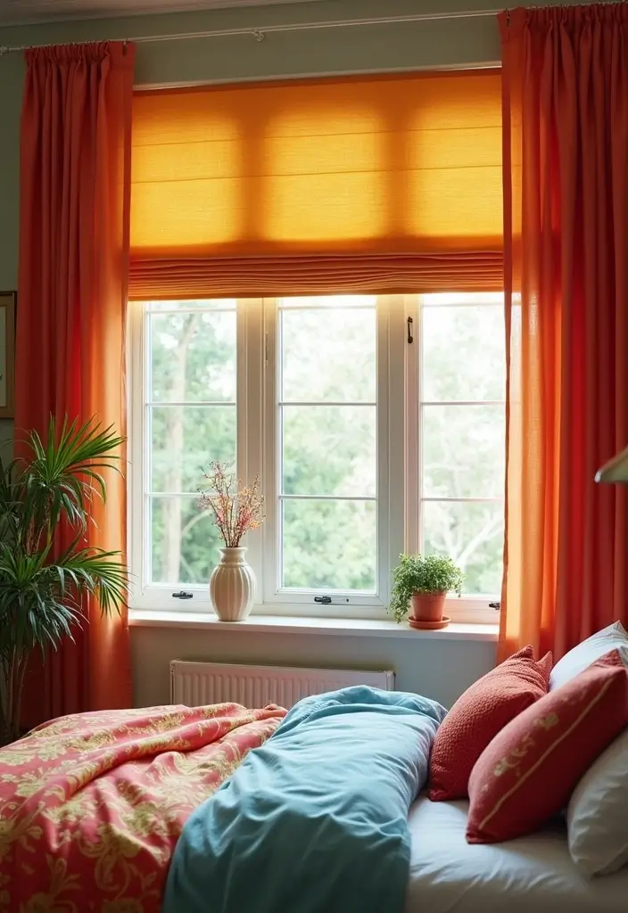 25+ Colourful Bedroom Ideas to Brighten Any Space - 10. Complementary Window Treatments