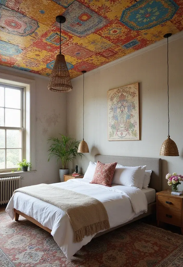25+ Colourful Bedroom Ideas to Brighten Any Space - 19. Ceiling Decor