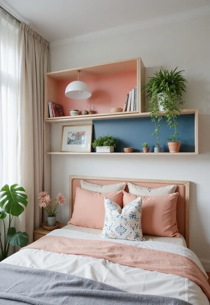 25+ Colourful Bedroom Ideas to Brighten Any Space - 21. Floating Shelves