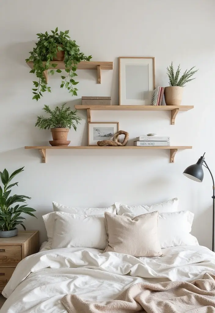 25+ Cream Bedroom Ideas for a Soft and Elegant Style 25 25+ Cream Bedroom Ideas for a Soft and Elegant Style - 25. Cream Wall Shelves