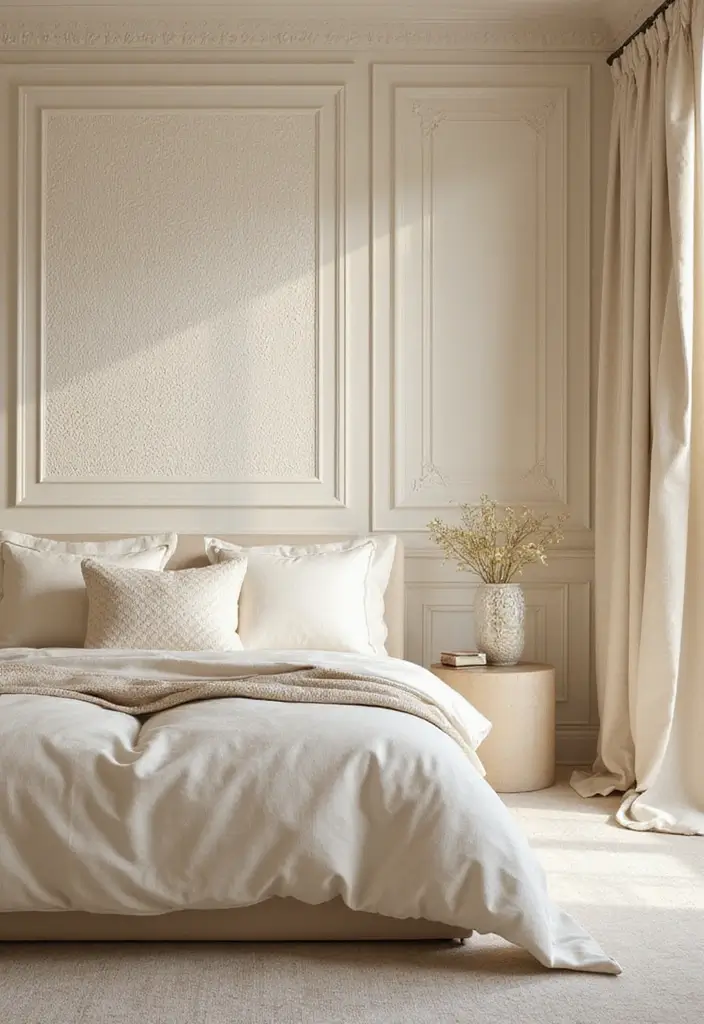 25+ Cream Bedroom Ideas for a Soft and Elegant Style 4 25+ Cream Bedroom Ideas for a Soft and Elegant Style - 4. Cream Textured Walls