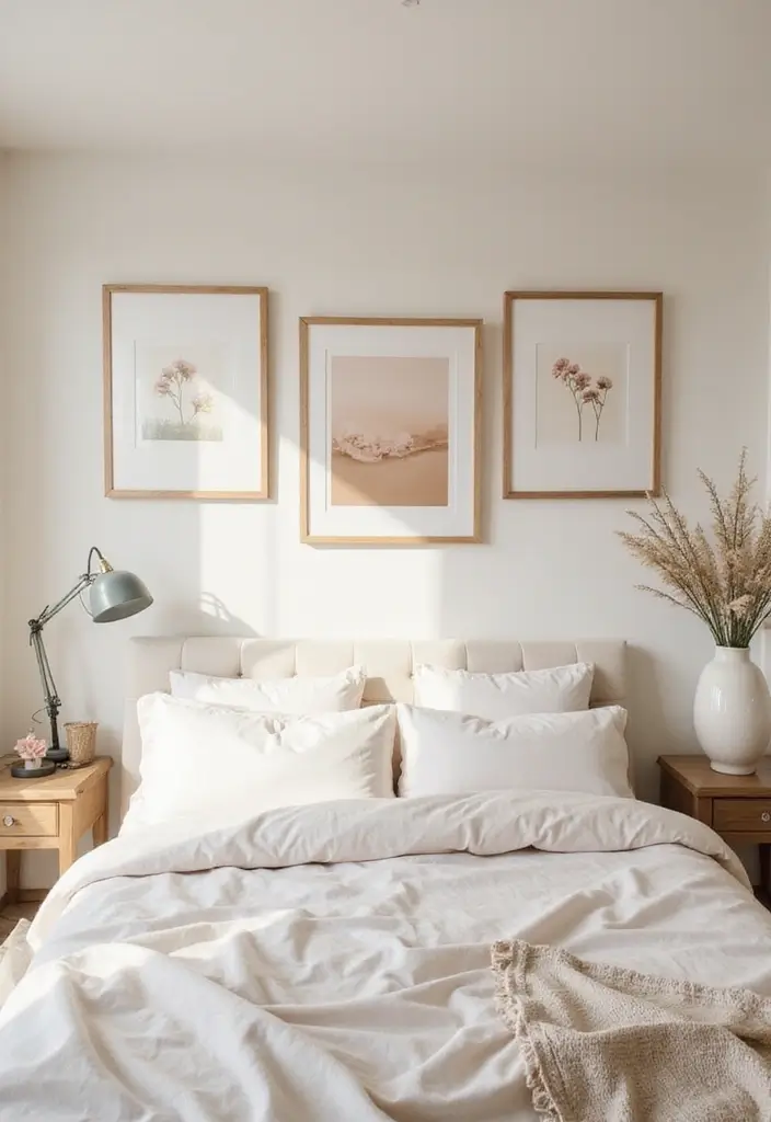 25+ Cream Bedroom Ideas for a Soft and Elegant Style 9 25+ Cream Bedroom Ideas for a Soft and Elegant Style - 9. Cream Artwork Accents