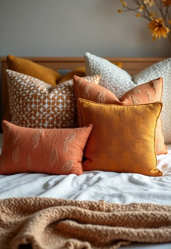 25+ Fall Bedroom Decor Ideas to Make Your Room Cozy - 16. Fall-Inspired Throw Pillows