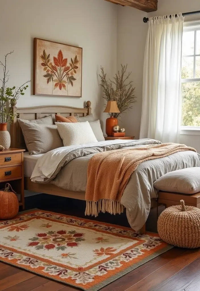 25+ Fall Bedroom Decor Ideas to Make Your Room Cozy - 24. Seasonal Throw Rugs