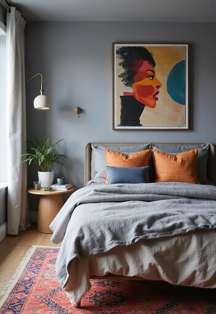 25+ Grey Bedroom Decor Ideas That Always Look Chic - 12. Accent with Bold Accessories