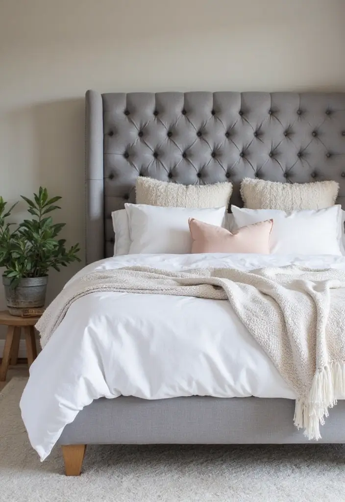 25+ Grey Headboard Bedroom Ideas That Upgrade Your Room 1 25+ Grey Headboard Bedroom Ideas That Upgrade Your Room - 1. Plush Upholstered Elegance