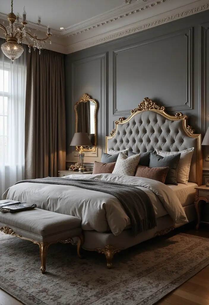 25+ Grey Headboard Bedroom Ideas That Upgrade Your Room 11 25+ Grey Headboard Bedroom Ideas That Upgrade Your Room - 11. Grey and Gold Glam
