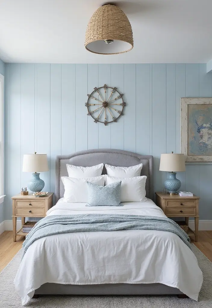 25+ Grey Headboard Bedroom Ideas That Upgrade Your Room 13 25+ Grey Headboard Bedroom Ideas That Upgrade Your Room - 13. Coastal Inspiration