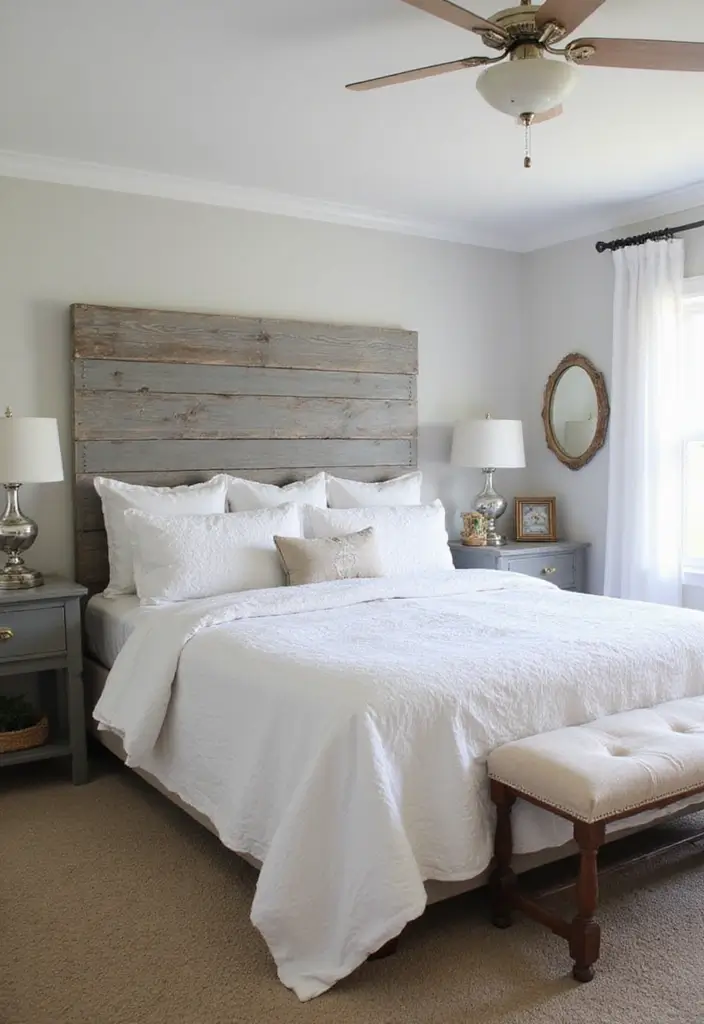 25+ Grey Headboard Bedroom Ideas That Upgrade Your Room 14 25+ Grey Headboard Bedroom Ideas That Upgrade Your Room - 14. Farmhouse Chic