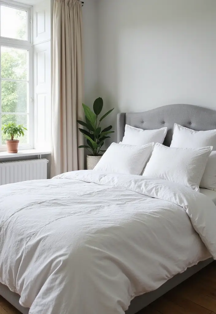25+ Grey Headboard Bedroom Ideas That Upgrade Your Room 16 25+ Grey Headboard Bedroom Ideas That Upgrade Your Room - 16. Soft Grey and White Combo