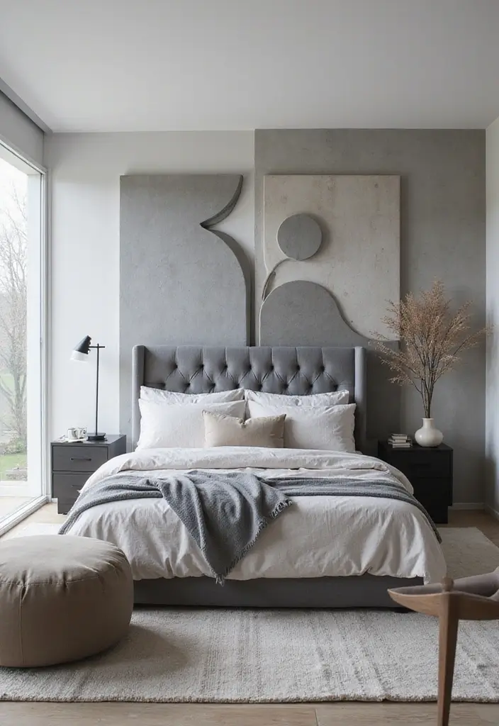 25+ Grey Headboard Bedroom Ideas That Upgrade Your Room 17 25+ Grey Headboard Bedroom Ideas That Upgrade Your Room - 17. Artistic Grey Headboard Designs