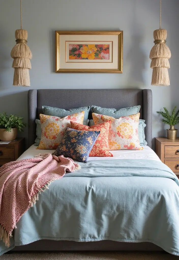 25+ Grey Headboard Bedroom Ideas That Upgrade Your Room 22 25+ Grey Headboard Bedroom Ideas That Upgrade Your Room - 22. Colorful Accents with Grey