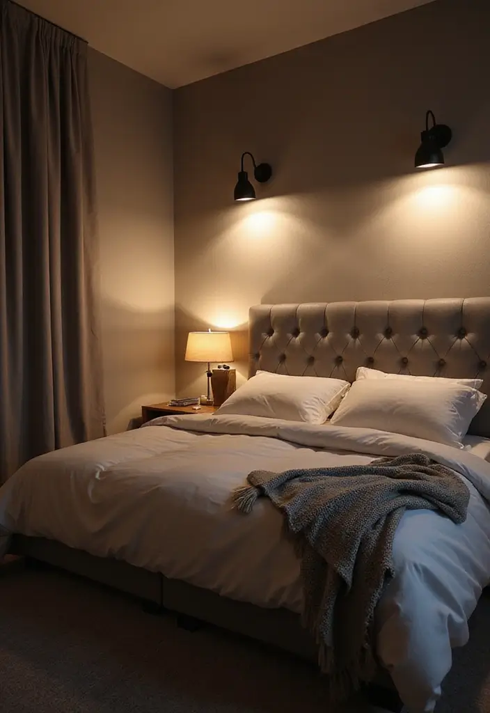 25+ Grey Headboard Bedroom Ideas That Upgrade Your Room 23 25+ Grey Headboard Bedroom Ideas That Upgrade Your Room - 23. Layered Lighting