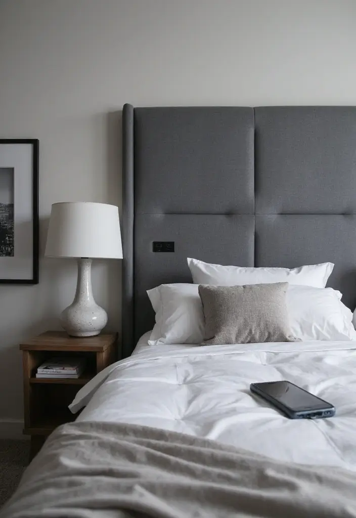 25+ Grey Headboard Bedroom Ideas That Upgrade Your Room 24 25+ Grey Headboard Bedroom Ideas That Upgrade Your Room - 24. Integrating Technology