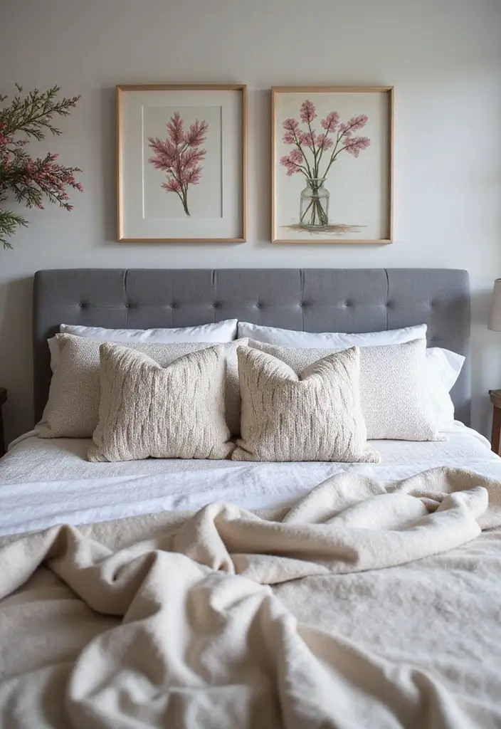 25+ Grey Headboard Bedroom Ideas That Upgrade Your Room 25 25+ Grey Headboard Bedroom Ideas That Upgrade Your Room - 25. Seasonal Decor Transitions