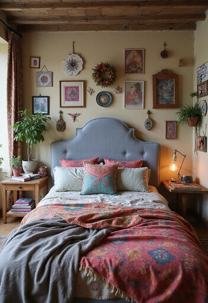 25+ Grey Headboard Bedroom Ideas That Upgrade Your Room 9 25+ Grey Headboard Bedroom Ideas That Upgrade Your Room - 9. Eclectic Bohemian Vibes