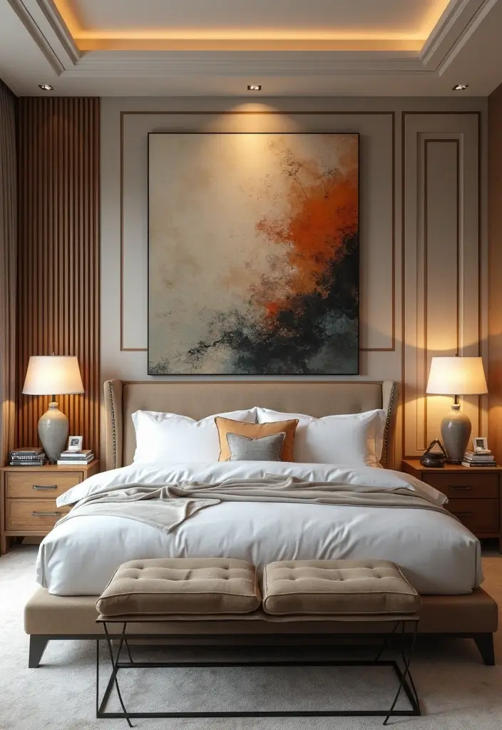 25+ Main Bedroom Ideas for a Luxurious Feel - 8. Large Scale Artwork
