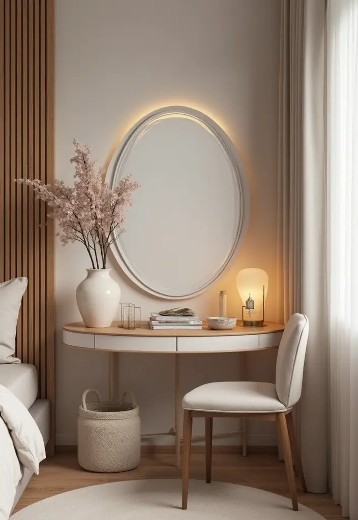 25+ Modern Dressing Table Ideas for Your Bedroom 14 25+ Modern Dressing Table Ideas for Your Bedroom - 14. Round Tables for Soft Edges
