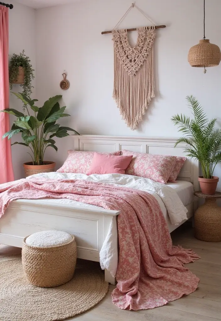 25+ Pink and White Bedroom Ideas That Are Sweet and Chic - 1. Bohemian Bliss