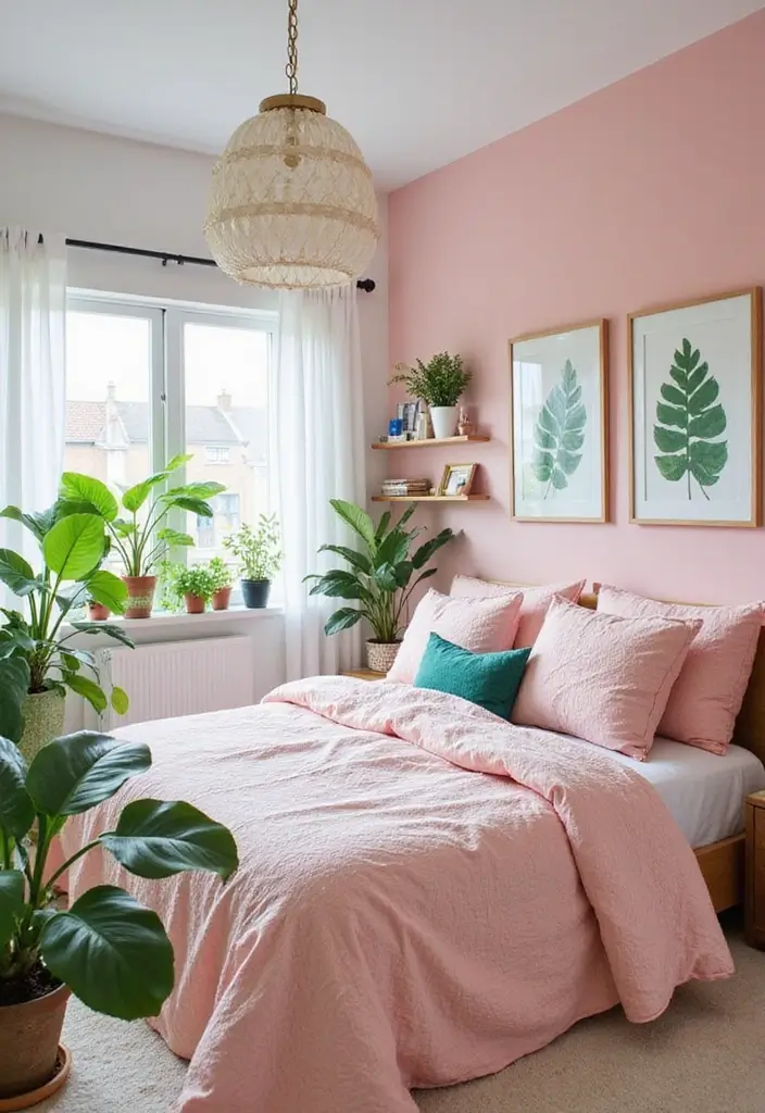 25+ Pink and White Bedroom Ideas That Are Sweet and Chic - 23. Green Accents