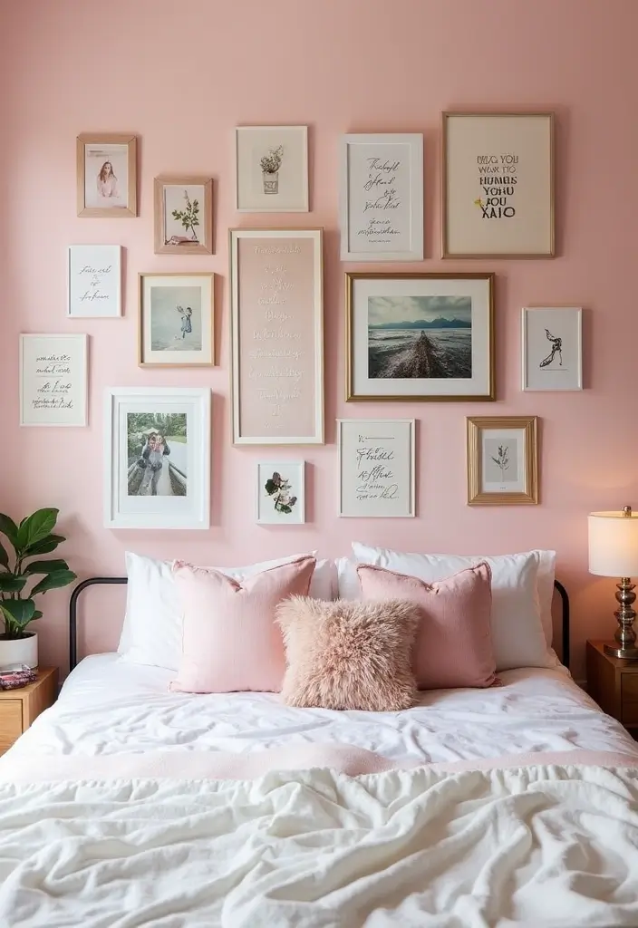 25+ Pink and White Bedroom Ideas That Are Sweet and Chic - 24. Personalized Gallery Wall
