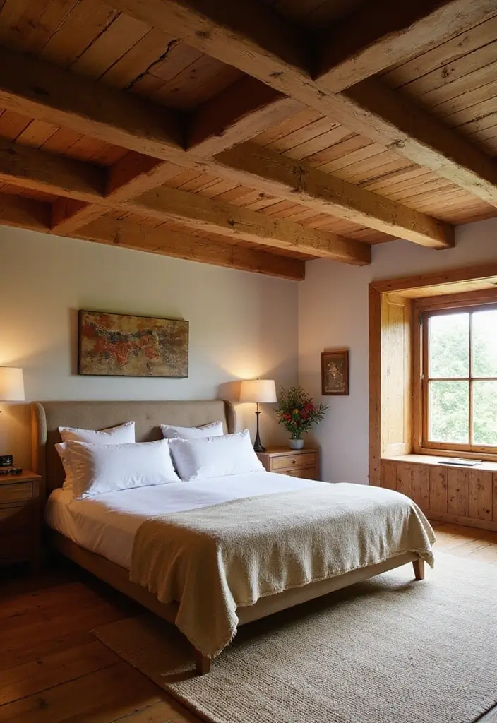 25+ Rustic Bedroom Ideas for a Cozy Country Vibe 16 25+ Rustic Bedroom Ideas for a Cozy Country Vibe - 16. Rustic Ceiling Beams