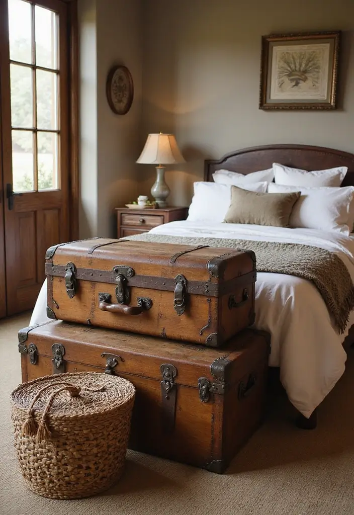 25+ Rustic Bedroom Ideas for a Cozy Country Vibe 18 25+ Rustic Bedroom Ideas for a Cozy Country Vibe - 18. Decorative Trunks and Baskets