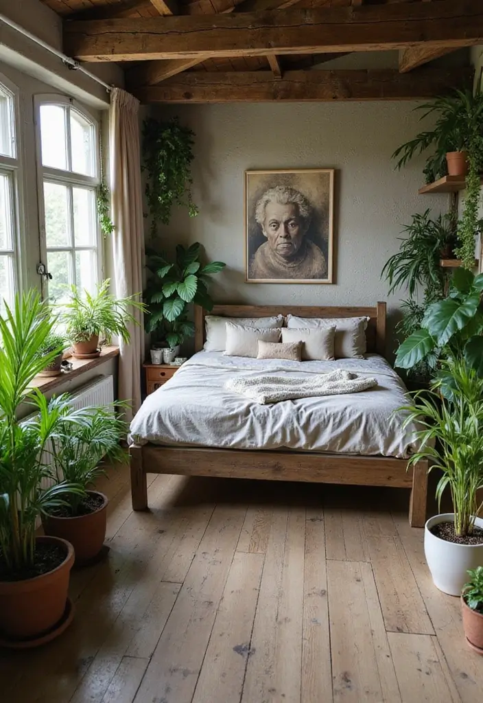 25+ Rustic Bedroom Ideas for a Cozy Country Vibe 19 25+ Rustic Bedroom Ideas for a Cozy Country Vibe - 19. Plants and Greenery