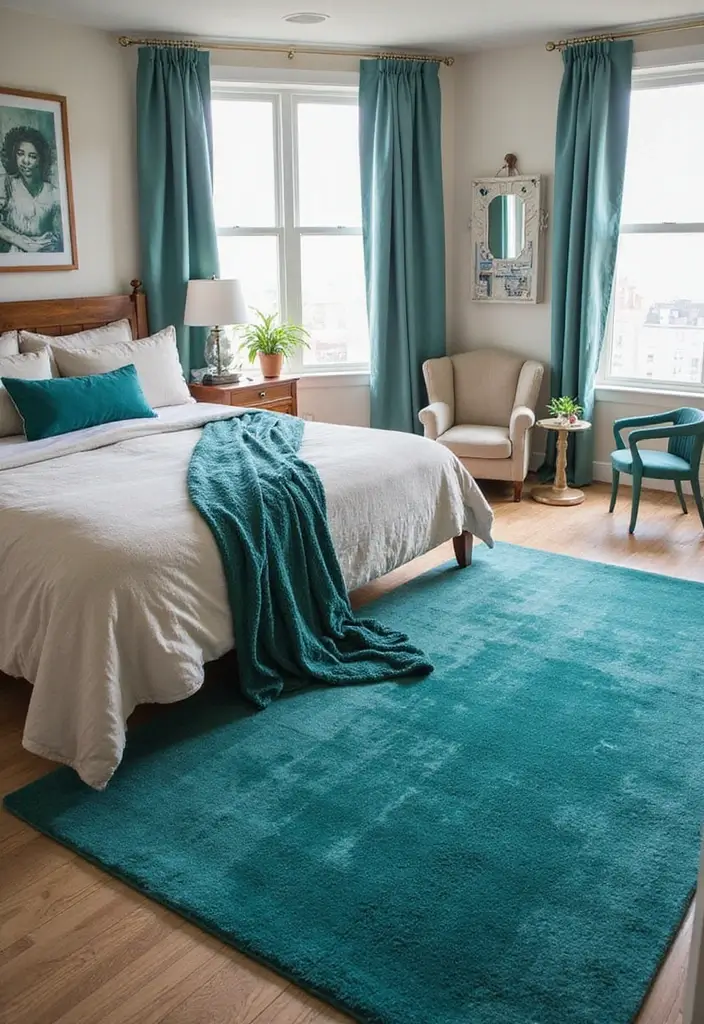25+ Teal Bedroom Ideas That Add Fresh Energy 10 25+ Teal Bedroom Ideas That Add Fresh Energy - 10. Teal Rugs for a Cozy Touch