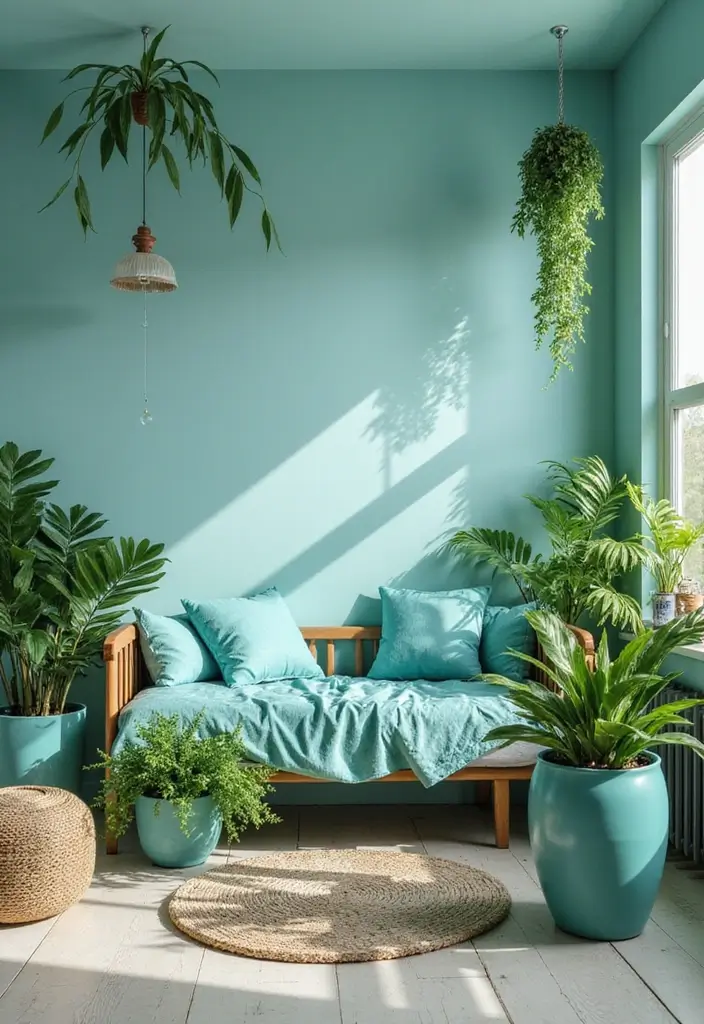 25+ Teal Bedroom Ideas That Add Fresh Energy 11 25+ Teal Bedroom Ideas That Add Fresh Energy - 11. Incorporating Plants with Teal