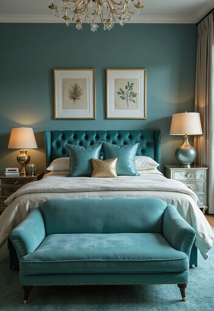 25+ Teal Bedroom Ideas That Add Fresh Energy 12 25+ Teal Bedroom Ideas That Add Fresh Energy - 12. Teal and Metallic Accents