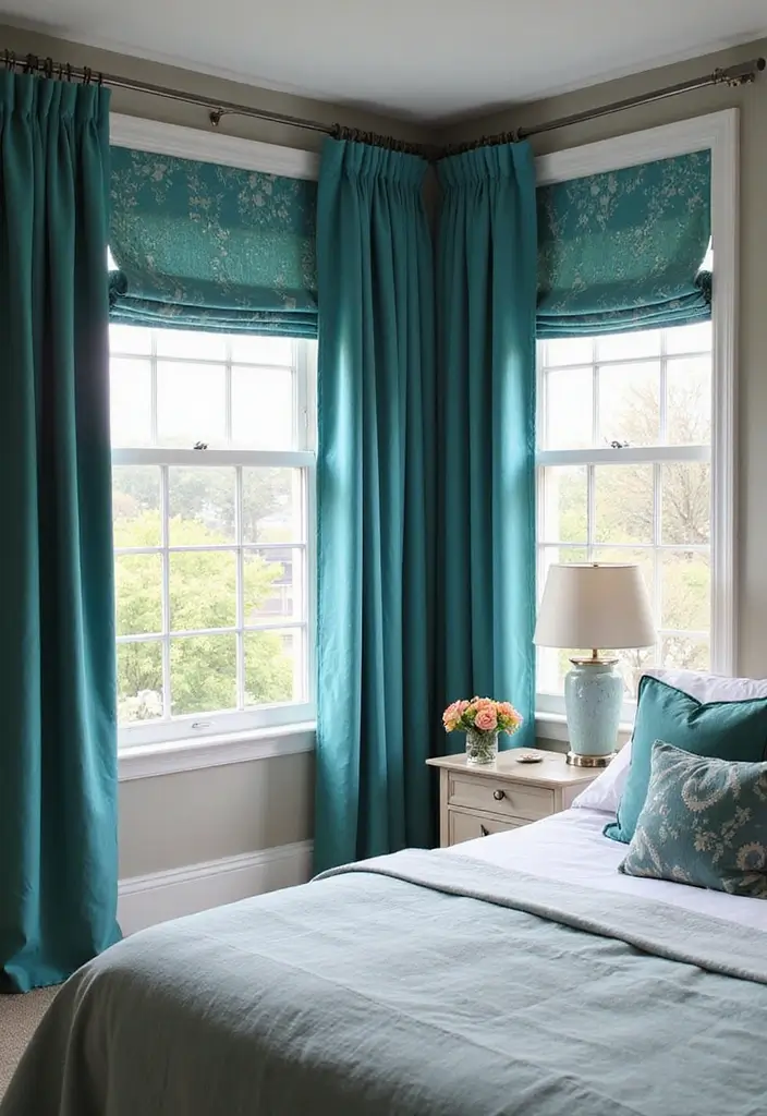 25+ Teal Bedroom Ideas That Add Fresh Energy 13 25+ Teal Bedroom Ideas That Add Fresh Energy - 13. Teal Window Treatments