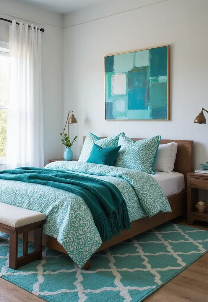 25+ Teal Bedroom Ideas That Add Fresh Energy 20 25+ Teal Bedroom Ideas That Add Fresh Energy - 20. Teal with Geometric Patterns