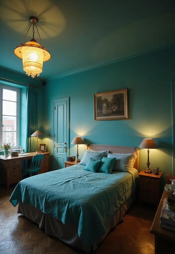 25+ Teal Bedroom Ideas That Add Fresh Energy 7 25+ Teal Bedroom Ideas That Add Fresh Energy - 7. Lighting with a Teal Touch