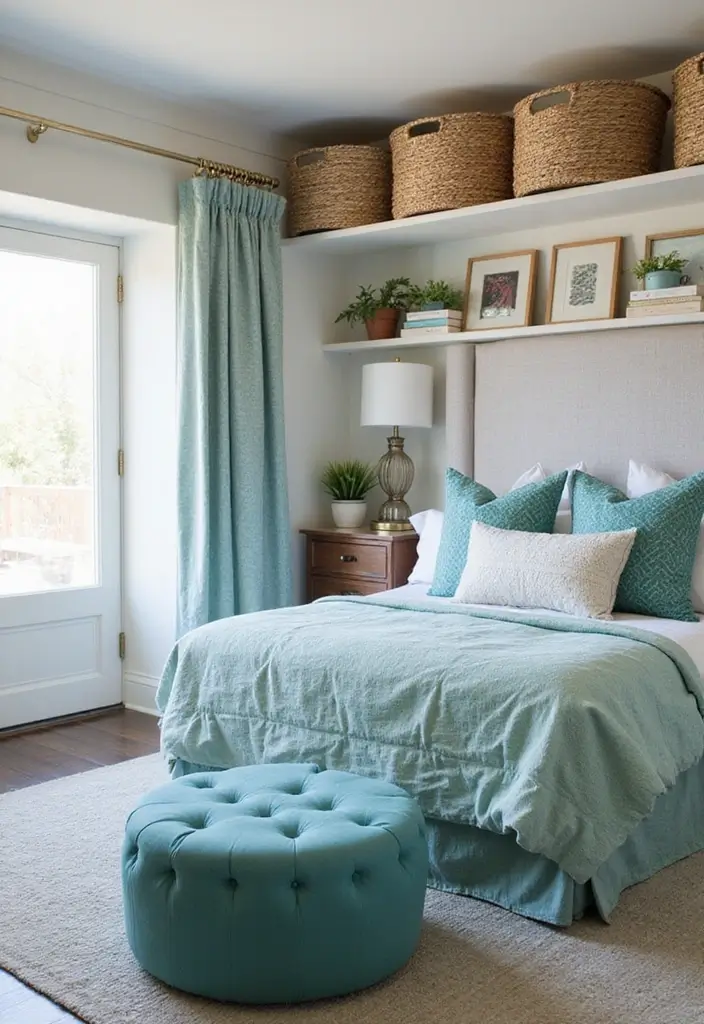 25+ Teal Bedroom Ideas That Add Fresh Energy 8 25+ Teal Bedroom Ideas That Add Fresh Energy - 8. Functional Storage Solutions
