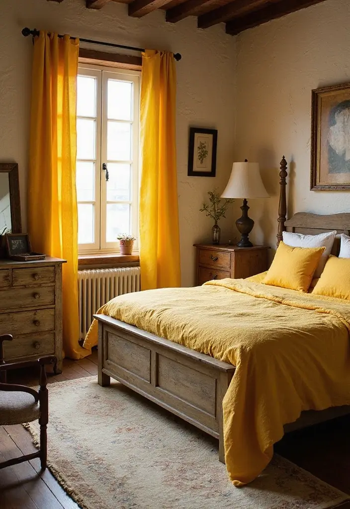 25+ Yellow Bedroom Ideas to Brighten Up Your Space 12 25+ Yellow Bedroom Ideas to Brighten Up Your Space - 12. Rustic Yellow Farmhouse