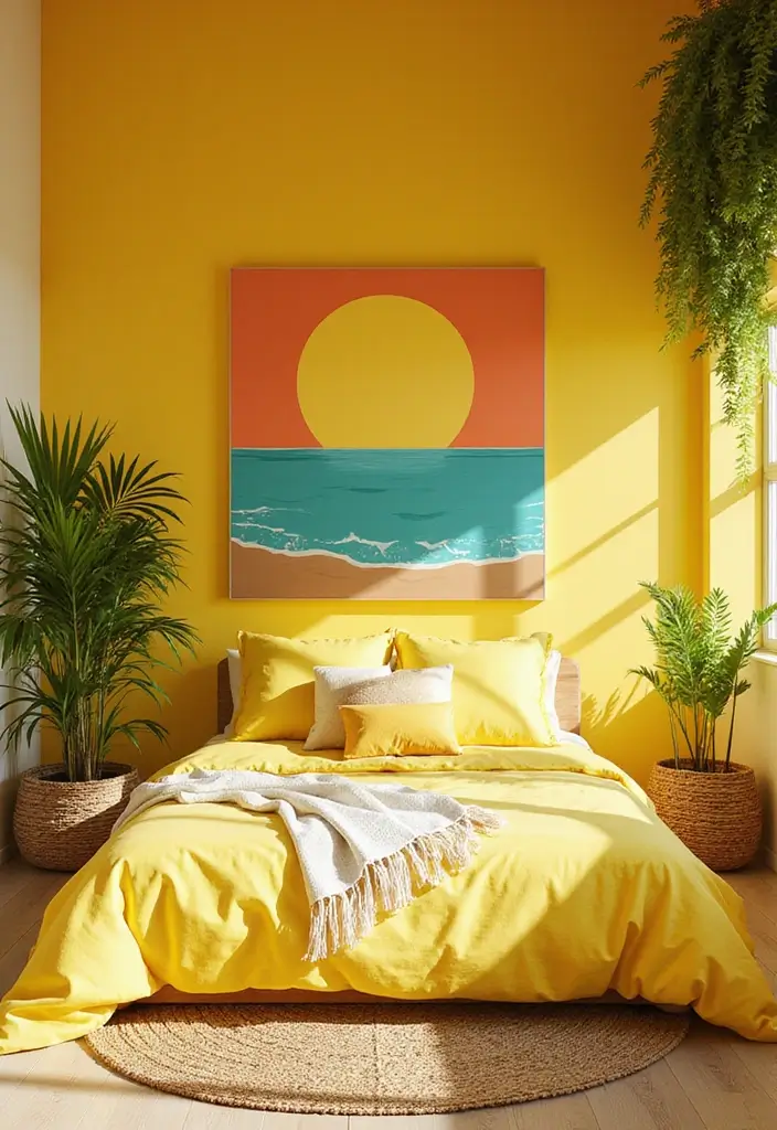 25+ Yellow Bedroom Ideas to Brighten Up Your Space 13 25+ Yellow Bedroom Ideas to Brighten Up Your Space - 13. Tropical Paradise Vibes