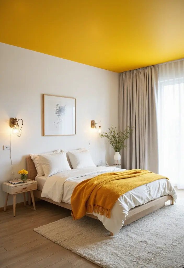 25+ Yellow Bedroom Ideas to Brighten Up Your Space 15 25+ Yellow Bedroom Ideas to Brighten Up Your Space - 15. Dynamic Yellow Ceiling