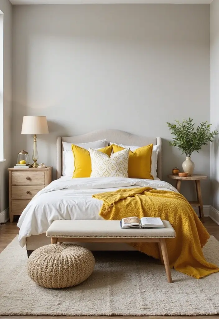 25+ Yellow Bedroom Ideas to Brighten Up Your Space 20 25+ Yellow Bedroom Ideas to Brighten Up Your Space - 20. Yellow Accents in a Neutral Palette